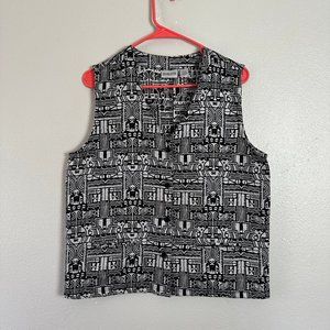 90s? chico's vest with silver and black Aztec print sz M silk/rayon patterned